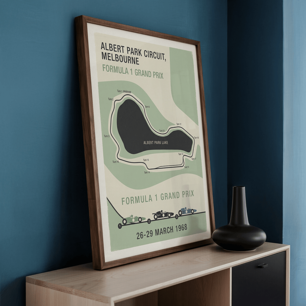 Albert Park Circuit wall poster highlighting numbered turns and central lake shape
