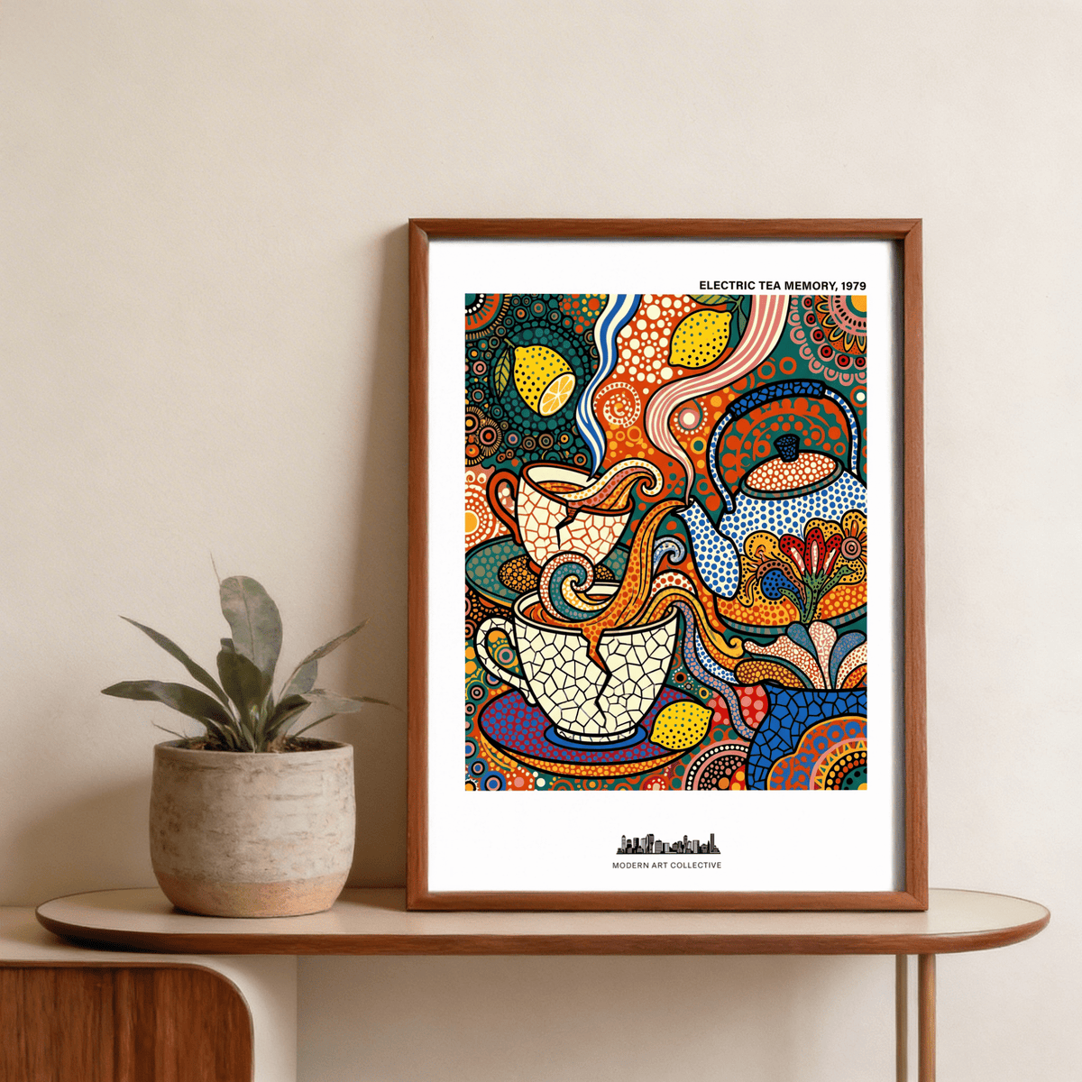 Bold dotted pattern kitchen poster showing kettle, teacups, and citrus slices
