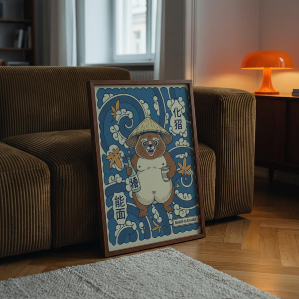 Graphic bake-danuki poster print featuring tanuki character and bold label panels