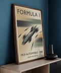 Classic racing wall art poster with sweeping curves and blurred car in Green and Beige