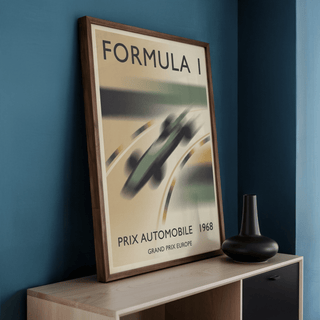 Classic racing wall art poster with sweeping curves and blurred car in Green and Beige