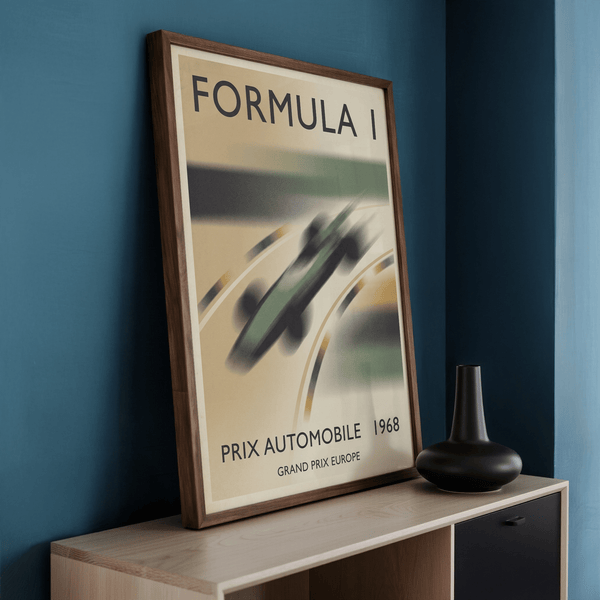 Classic racing wall art poster with sweeping curves and blurred car in Green and Beige