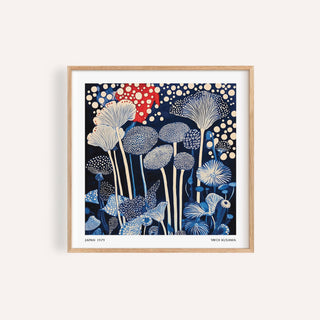 Framed red and blue art with abstract mushroom shapes and white dots in a minimalist style
