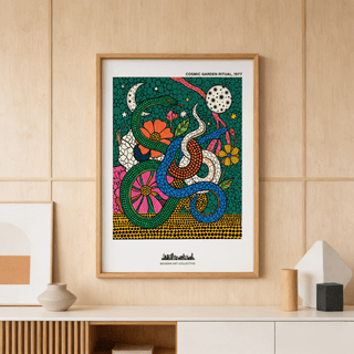 Close-up print detail of coiled snakes and large flowers in a patterned wall art poster
