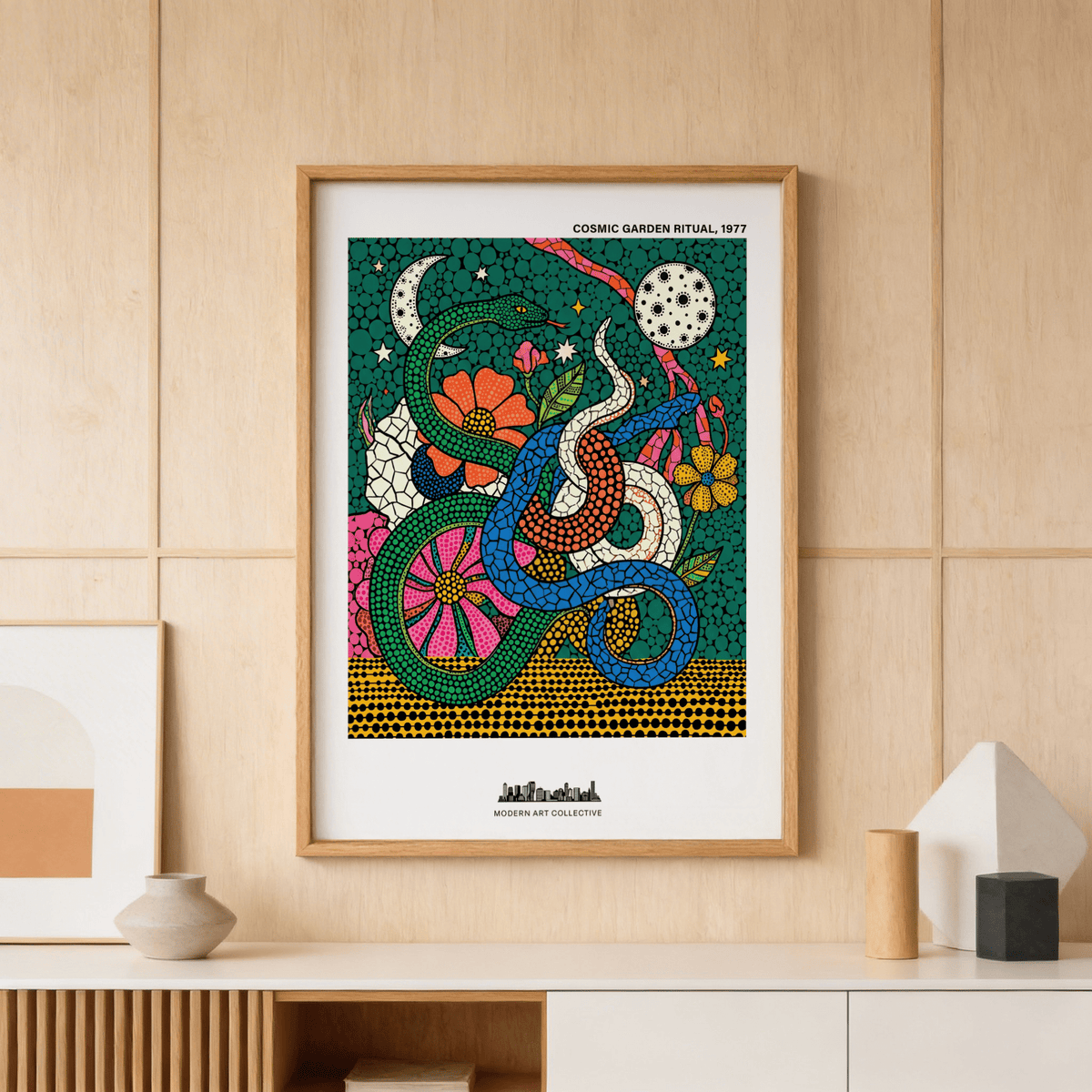 Close-up print detail of coiled snakes and large flowers in a patterned wall art poster