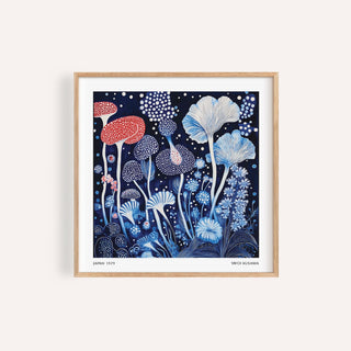 Spotted red and blue wall art print for living room with mushroom patterns
