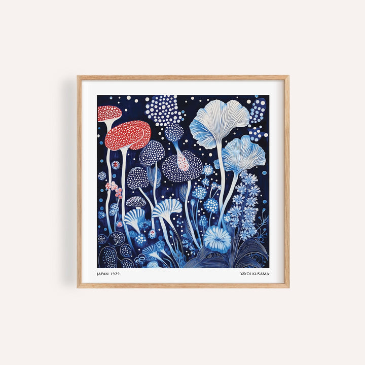 Spotted red and blue wall art print for living room with mushroom patterns
