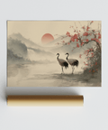 Japanese Art Poster of cranes in misty landscape wall art for modern homes