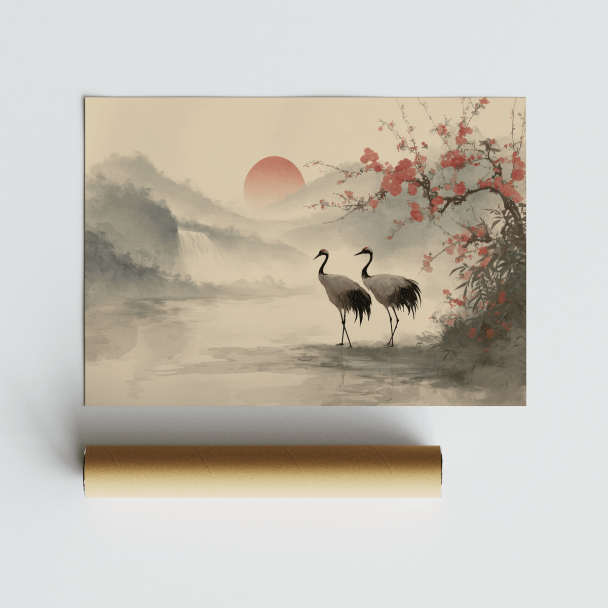 Japanese Art Poster of cranes in misty landscape wall art for modern homes
