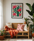 Vintage-inspired wall art titled Mexican Folk Art Cactus with traditional colors.
