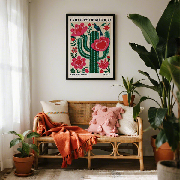Vintage-inspired wall art titled Mexican Folk Art Cactus with traditional colors.