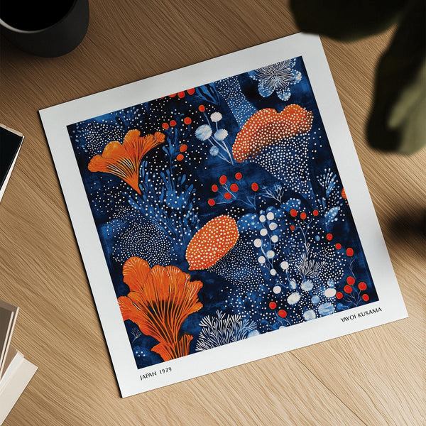 Blue Orange Wall Art print with abstract plants and intricate pointillist detail.