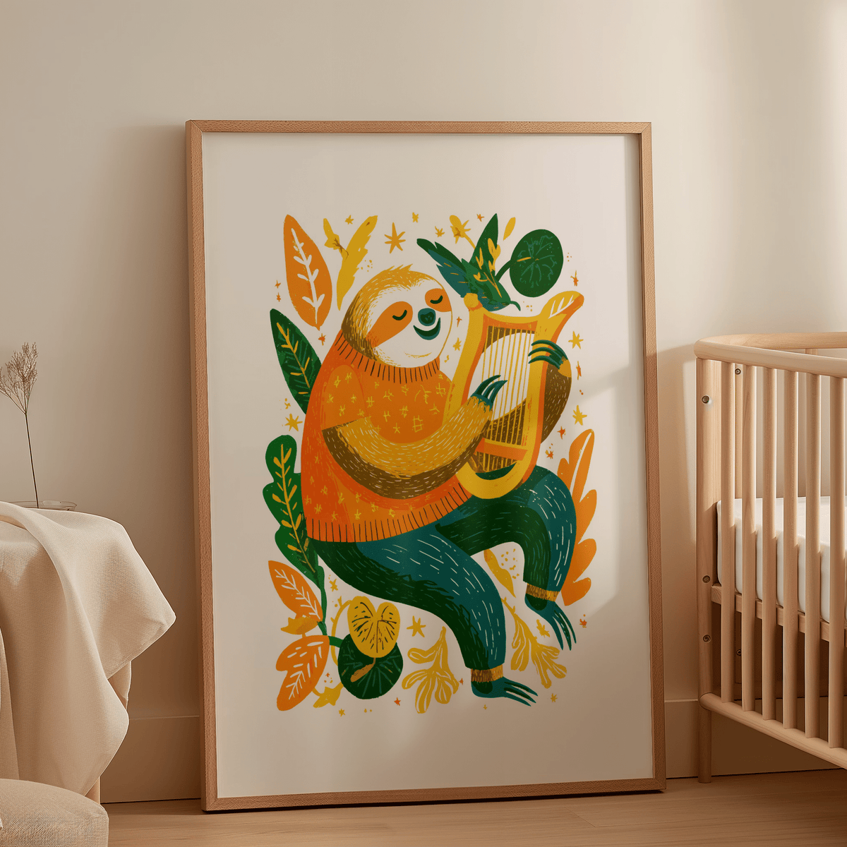 Sloth Art Print orange and green tones for playful kids' room art print