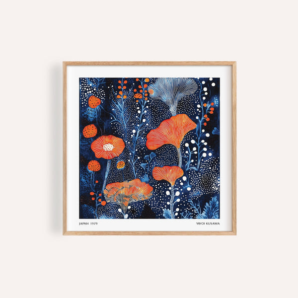 Bold abstract flower art with orange botanicals for modern living room