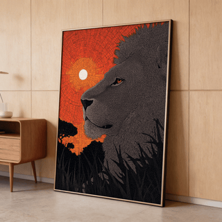 Minimalist lion sunset print in orange, black, and gray tones