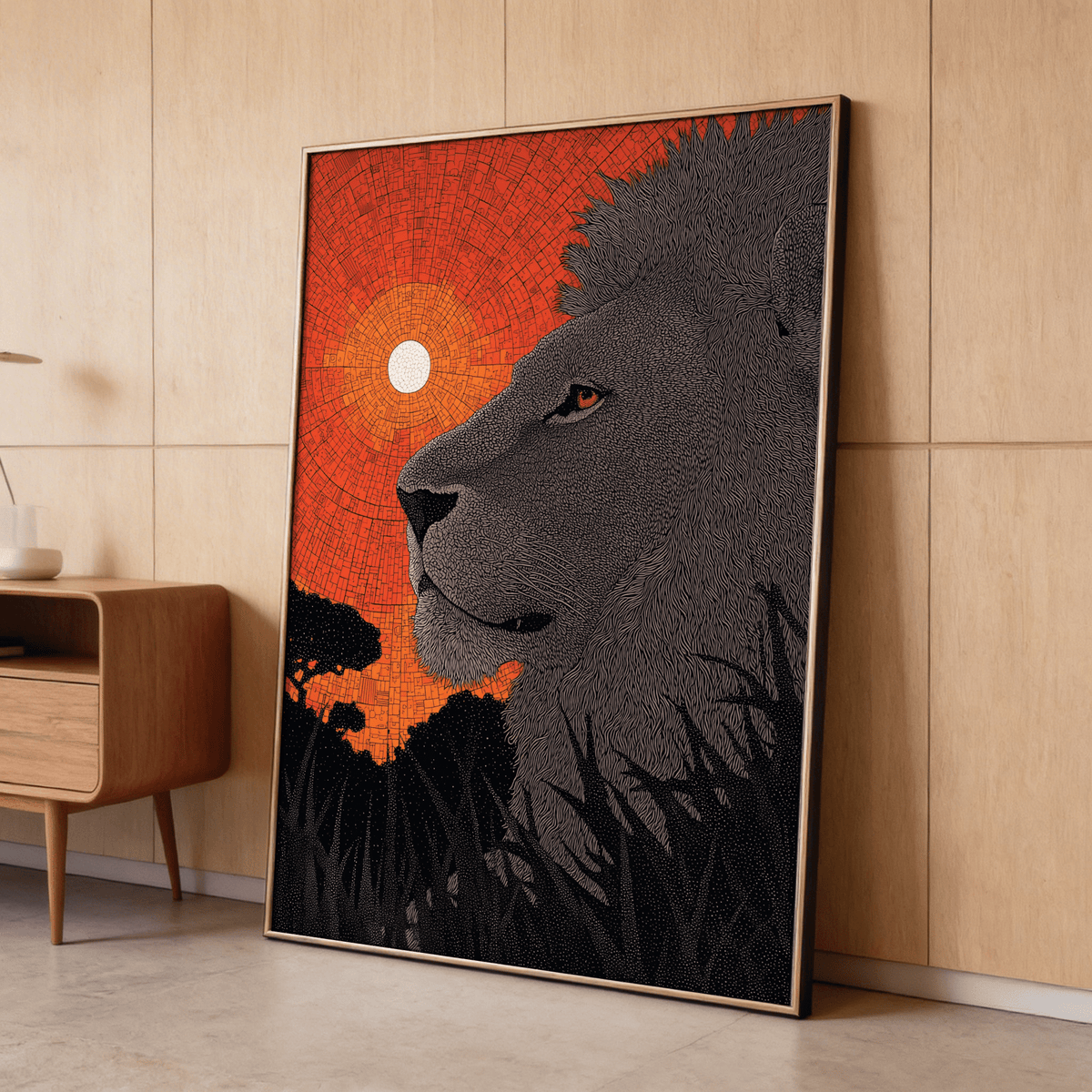 Minimalist lion sunset print in orange, black, and gray tones