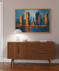 Urban skyline Cityscape Wall Art print in blue and orange for entryway