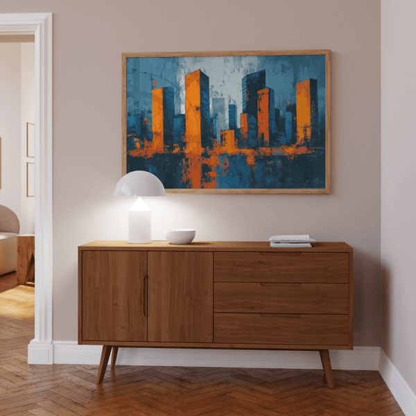 Urban skyline Cityscape Wall Art print in blue and orange for entryway