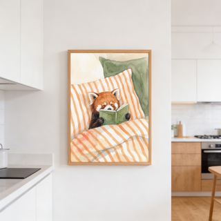 Gentle animal wall art poster of a red panda holding a book in a calm bedroom scene