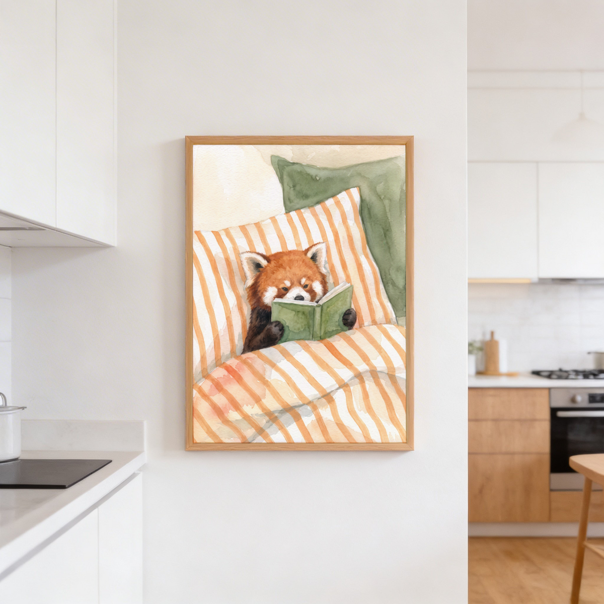 Gentle animal wall art poster of a red panda holding a book in a calm bedroom scene