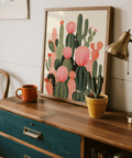 Cactus Print poster with green and orange, ideal for bedroom