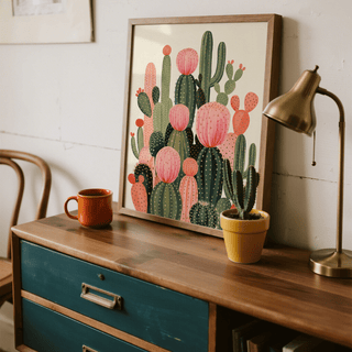 Cactus Print poster with green and orange, ideal for bedroom