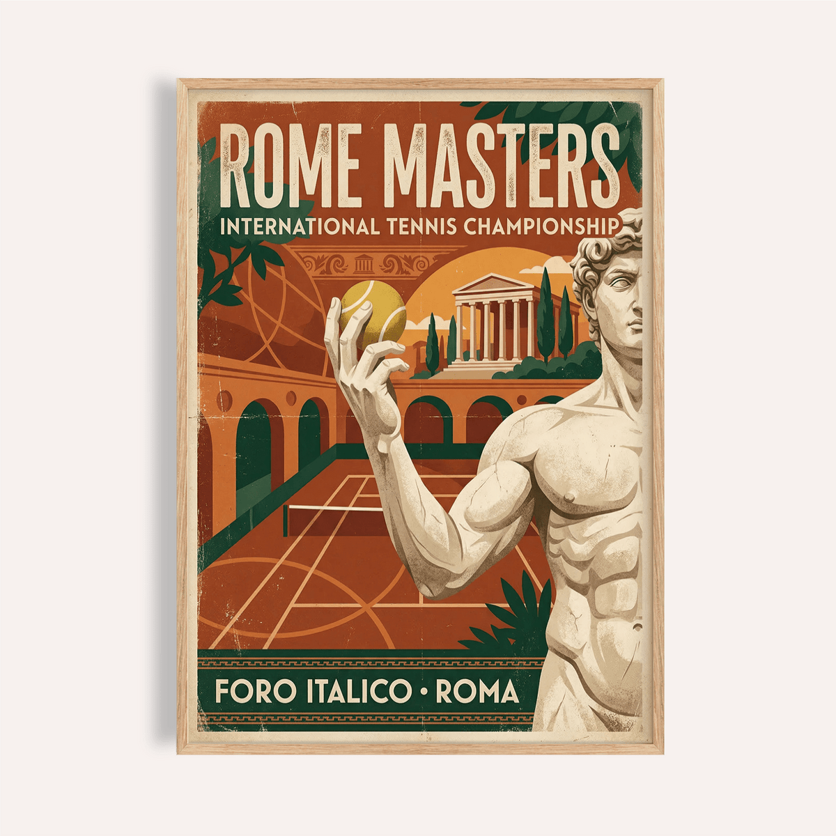 Vintage Rome Tennis Championship Poster print with tennis player, court lines, and classical columns