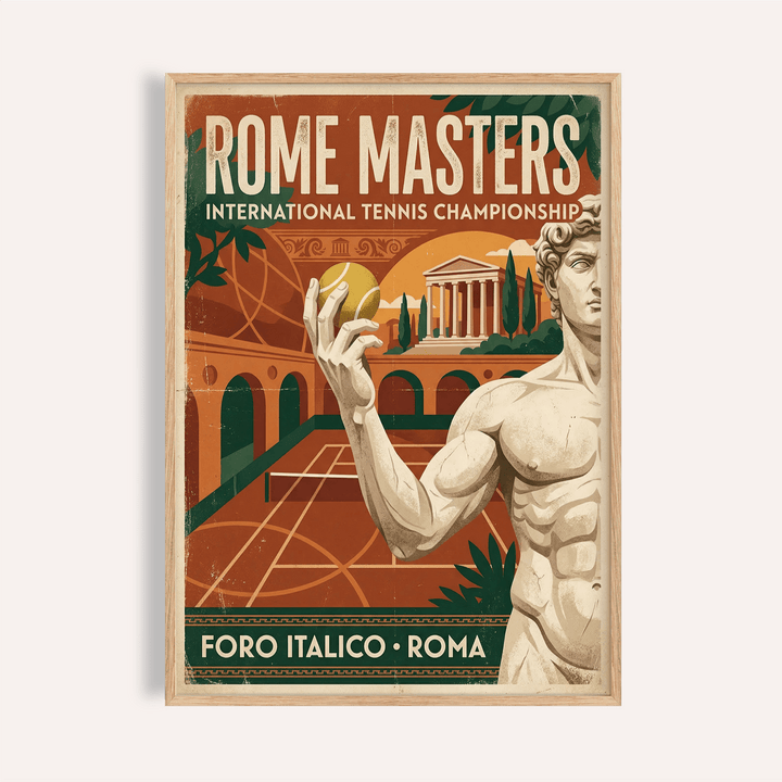 Vintage Rome Tennis Championship Poster print with tennis player, court lines, and classical columns