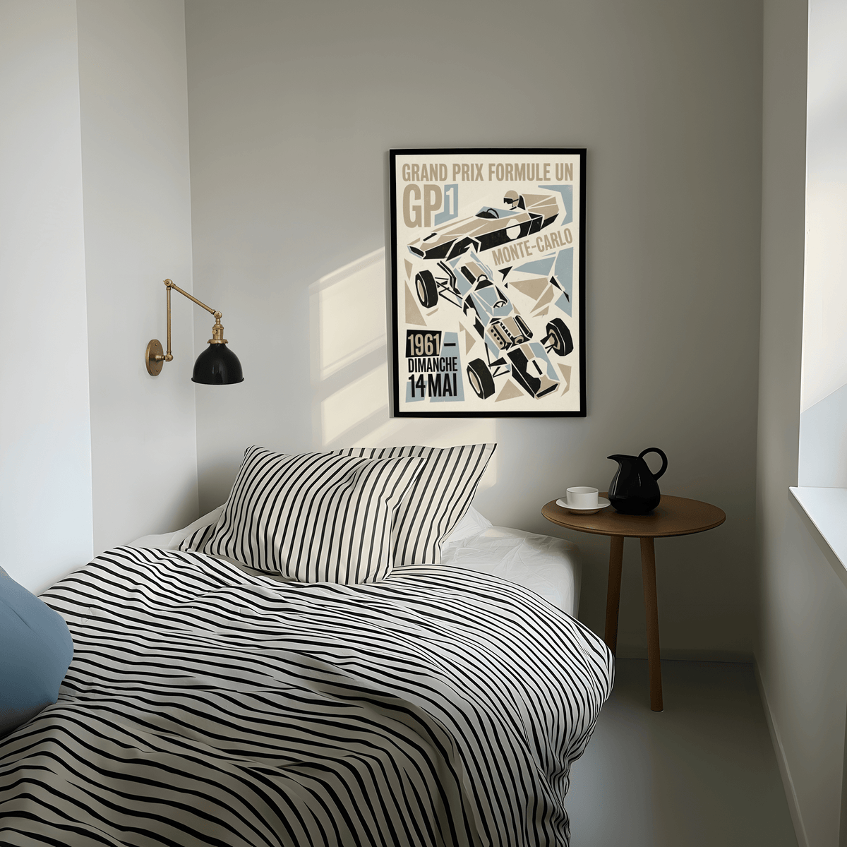 Showcasing a Vintage Formula One Art Print with angular single-seater car and bold GP1 typography