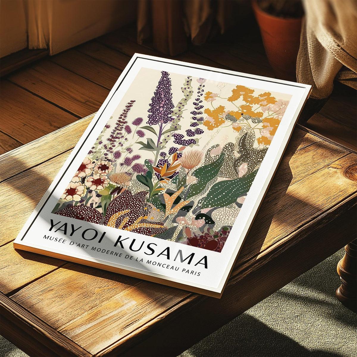 Vibrant Nature Wall Poster featuring orange, burgundy, and olive floral forms.
