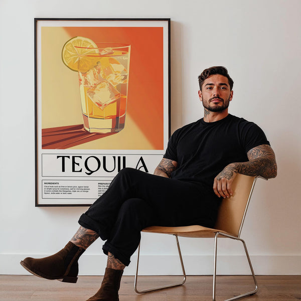 Contemporary home bar wall decor featuring tequila and citrus

