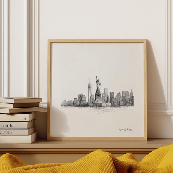 Monochrome Statue of Liberty print New York City skyline square format