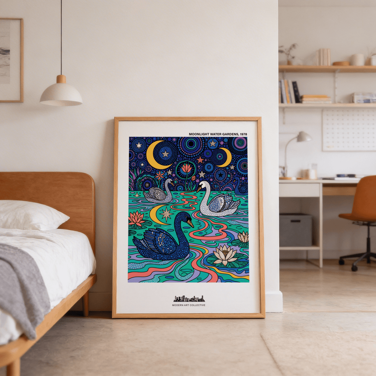 Patterned night-sky wall art print with swans, moons, and circular motifs