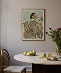Woman with Flowers print, white green beige, studio wall art