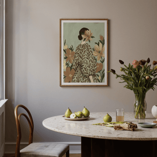 Woman with Flowers print, white green beige, studio wall art