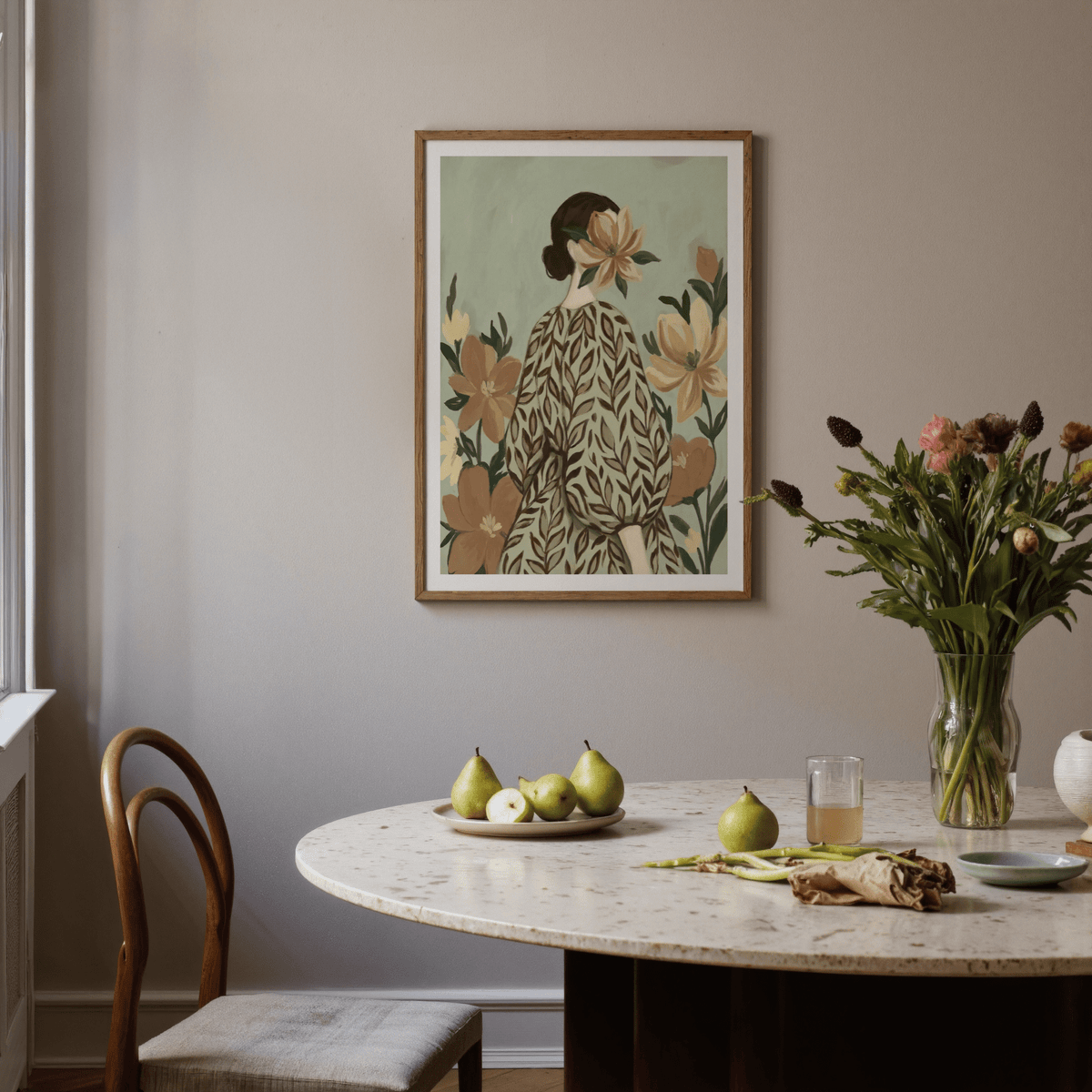 Woman with Flowers print, white green beige, studio wall art