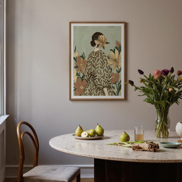 Woman with Flowers print, white green beige, studio wall art
