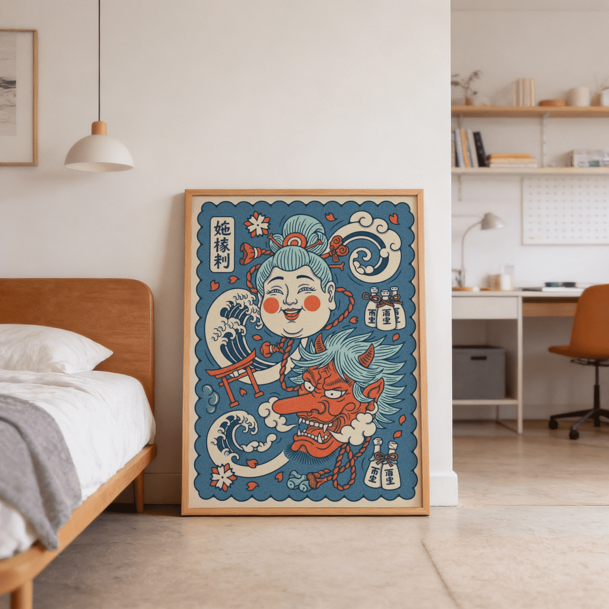 Coiled dragon winding beside a flame-backed fox over blossom petals