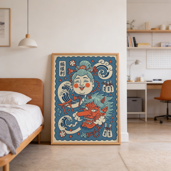 Coiled dragon winding beside a flame-backed fox over blossom petals