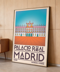 Minimalist travel wall art poster with repeating palace windows, perspective plaza lines, and ESPAÑA with coordinates at bottom