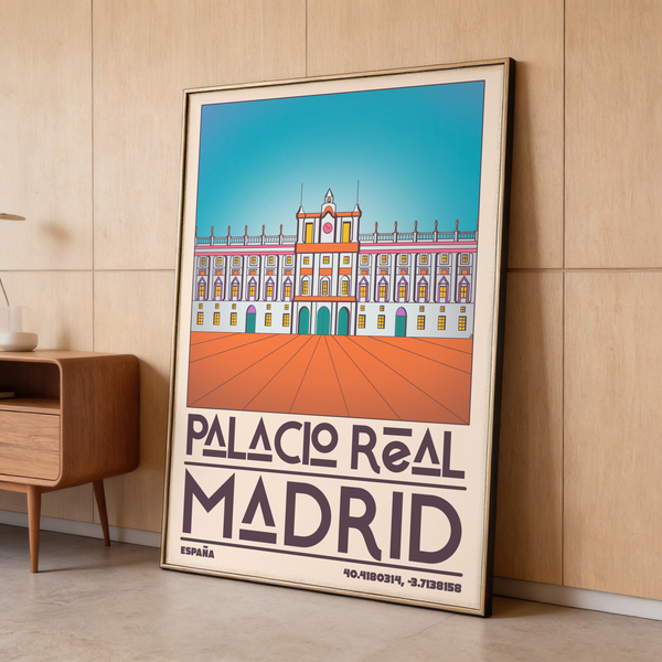 Minimalist travel wall art poster with repeating palace windows, perspective plaza lines, and ESPAÑA with coordinates at bottom