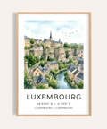 View of Luxembourg cityscape poster with river valley and cliff walls