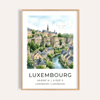 View of Luxembourg cityscape poster with river valley and cliff walls
