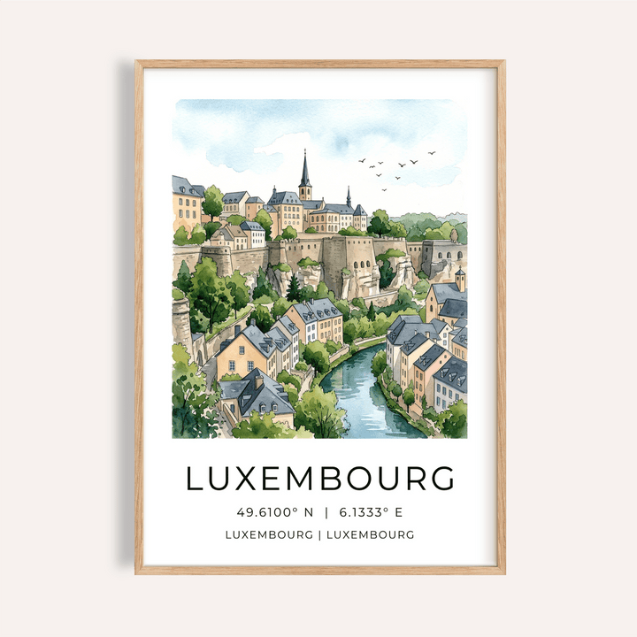 View of Luxembourg cityscape poster with river valley and cliff walls