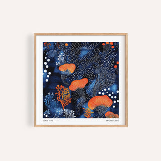 Navy background abstract floral art poster with botanical elements