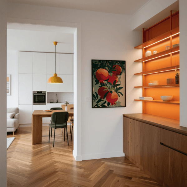 Pomegranate Art Print highlighting green leaves, modern wall decor