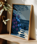 Japanese garden poster featuring hydrangeas, a small stone lantern, and patterned rainfall