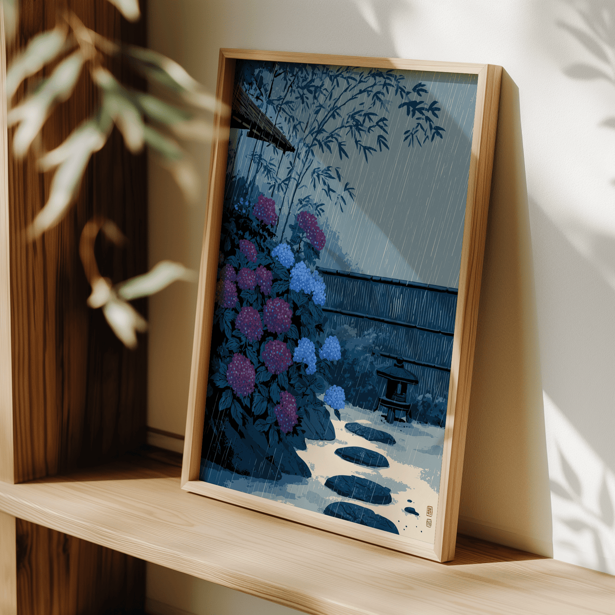 Japanese garden poster featuring hydrangeas, a small stone lantern, and patterned rainfall