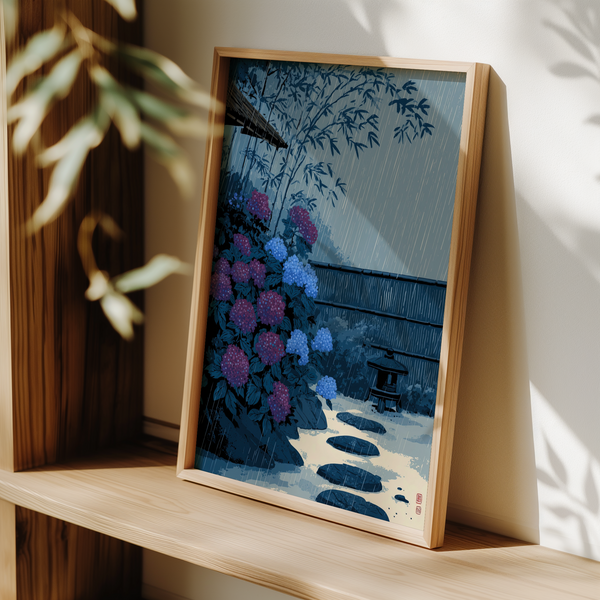 Japanese garden poster featuring hydrangeas, a small stone lantern, and patterned rainfall