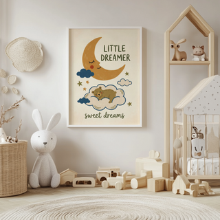 Showing “sweet dreams” script under a bear on a cloud, kids room wall art print